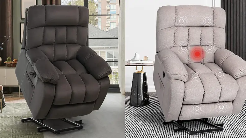 a seyun power lift recliner in a side-by-side image