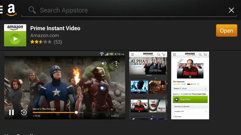 A screenshot of the Amazon Store's listing of Amazon Prime Streaming Android App.