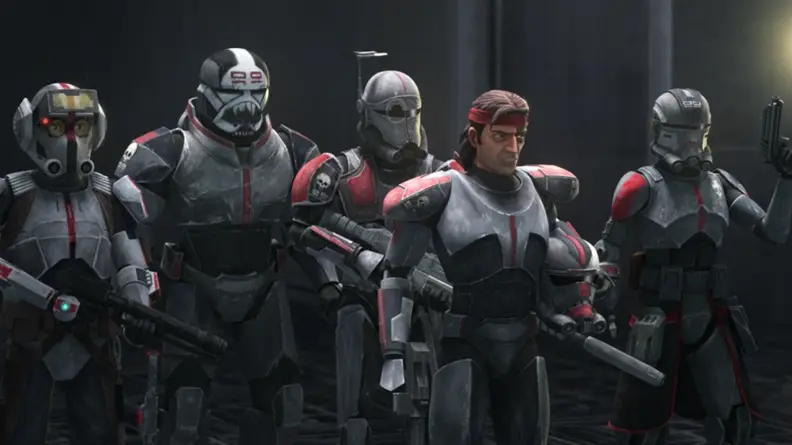 A screenshot from the series The Bad Batch featuring all the members of the Bad Batch.
