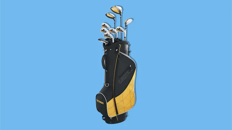 Wilson Men’s complete golf club set on a blue background.
