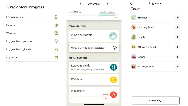 Three screenshots from the Noom app showing how to log food.