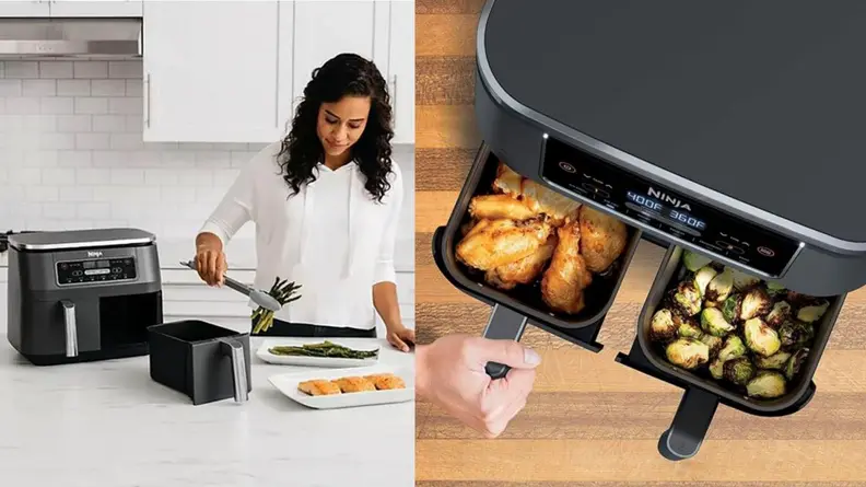 woman cooking in kitchen next to an open air fryer with fried food