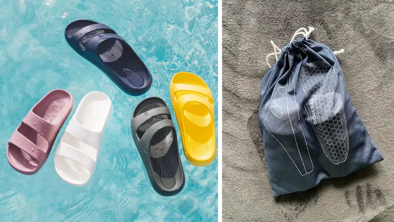 A mesh bag with Bombas slides in them, and also a photograph of different colored sandals floating in a pool.