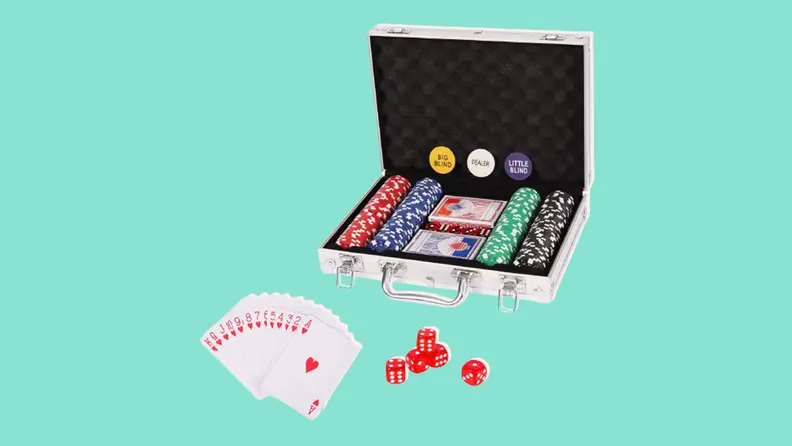 Casino poker chips set cards and dice on a blue background