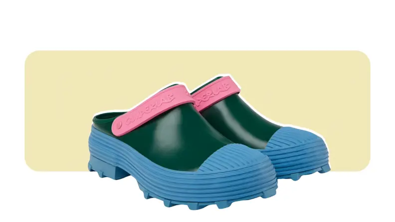 A colorful leather clog with colorblocked design.