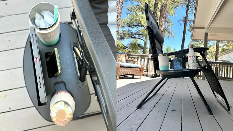 On left, close-up shot of reusable water bottles inside of side tray connected to arm rest. On right, side view of the Padded Zero Gravity Chair on deck outdoors on sunny day.