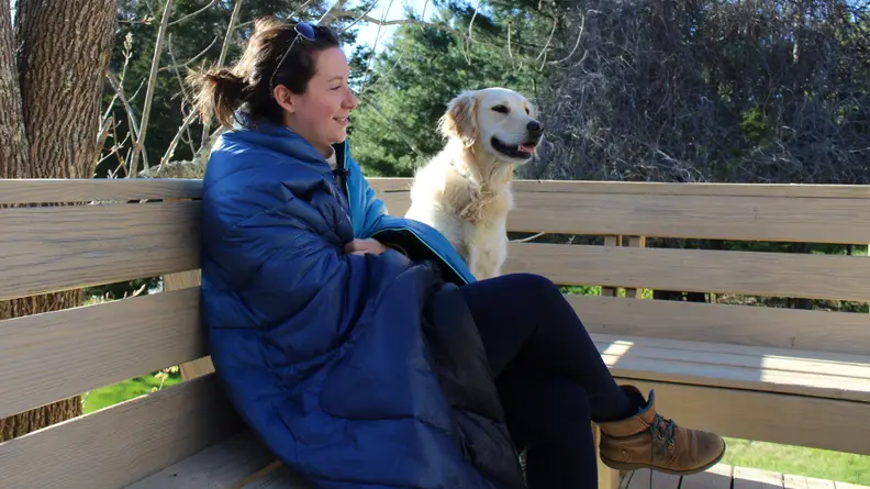 Person sitting on wooden bench next to dog wrapped in puffy, navy blue blanket