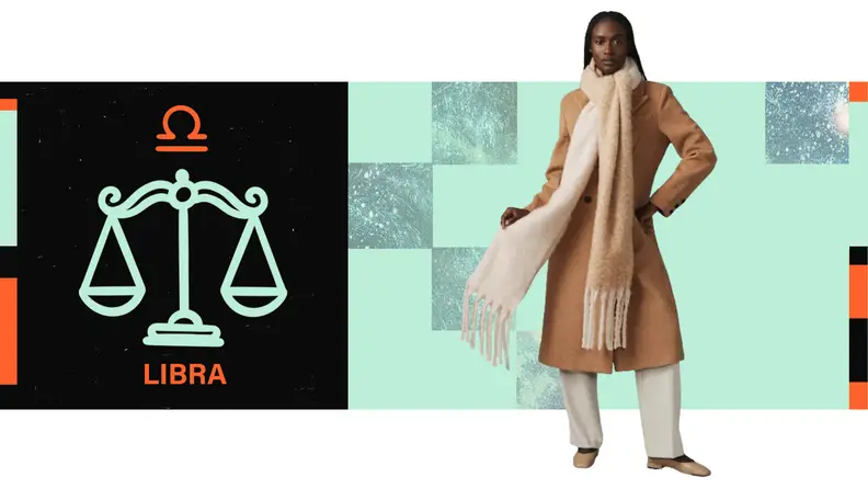 On the left is the symbol for Libra, and on the right is a model wearing an oversized scarf.