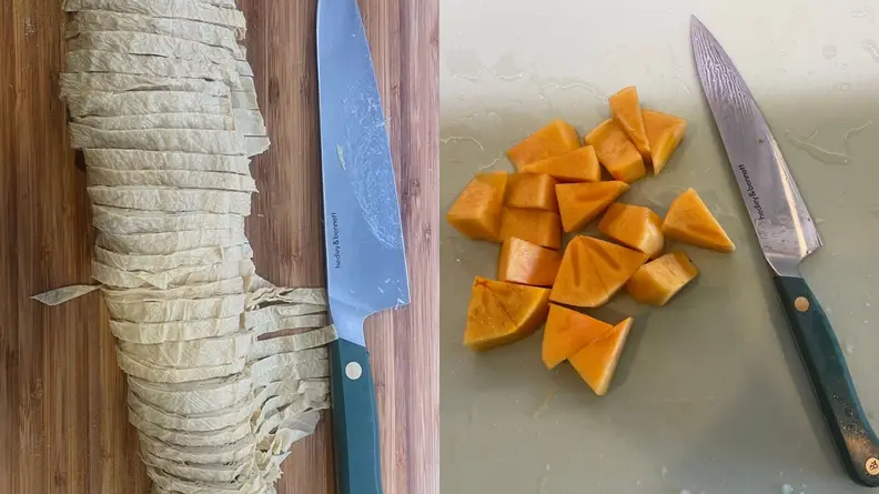 Hedley & Bennett knives sitting next to sliced loaf of bread and pile of chopped cubes of yam.