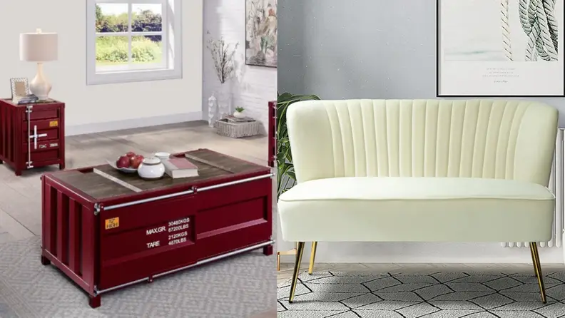 On left, red side table shaped like a shipping container. On right, small cream-colored couch shaped chair.