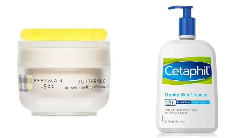 The Beekman 1802 Buttermilk Makeup Melting Cleansing Balm and the Cetaphil Gentle Skin Cleanser.