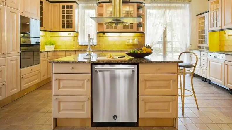 The Vinotemp Brama BR-DWSH01-S dishwasher installed in a kitchen island.