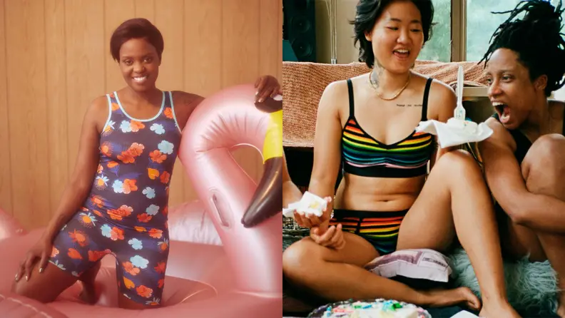 Models wear patterned TomboyX undergarments.