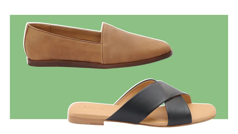 A brown leather slipper and a leather slide with black straps.