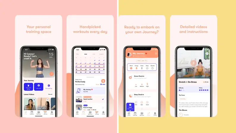 Four different screens shots of a smart features the Body by Blogilates app, with different features and exercise.