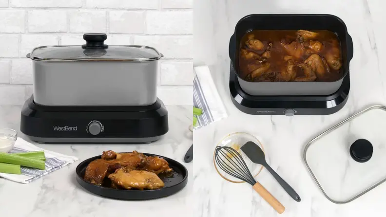 Left: West Bend slow cooker on counter, with plate of chicken in front. Right: West Bend slow cooker full of food, shot from above