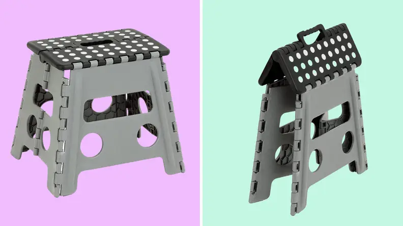 A step stool folded and unfolded against a teal and purple background.