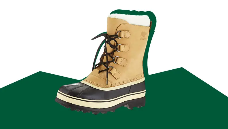 Sorel men's winter boots over a green and white illustration.