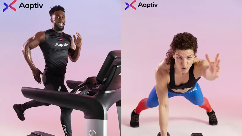 Left: man running on treadmill with aaptiv logo. Right: Woman doing a plank with Aaptiv logo.