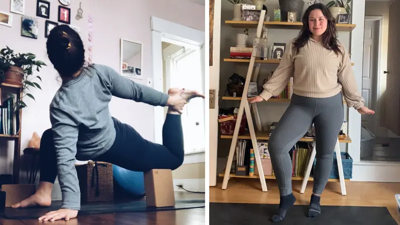 Collage image: On the left is a photograph of the author doing an advanced yoga pose wearing blue leggings and a gray shirt. On the right is a photograph of the author wearing gray leggings and a tan sweater.