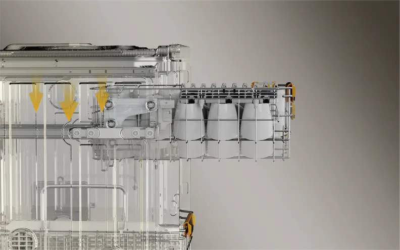 A cutaway view reveals the internal mechanisms of a Dreame washer, showing transparent components, water flow paths, and a compartment holding detergent pods.