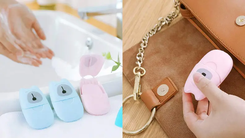 Soap sheet containers next to person washing their hands in the sink / Pulling pink soap sheet dispenser out of a brown purse.