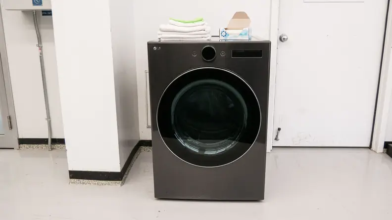 A LG DLEX6700B dryer sits in the Reviewed labs with its door closed.