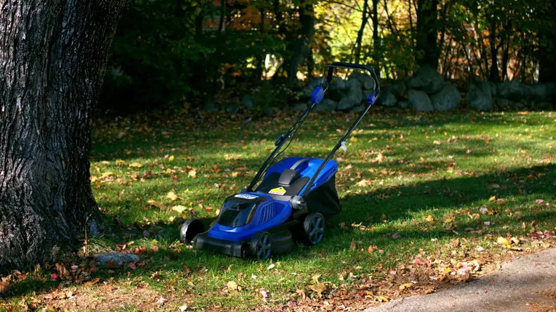 A blue lawn mower sits in a grassy spot