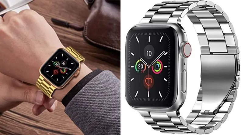 wrist showing off gold Fitlink Apple watch band, silver metal link Apple watch band by Fitlink