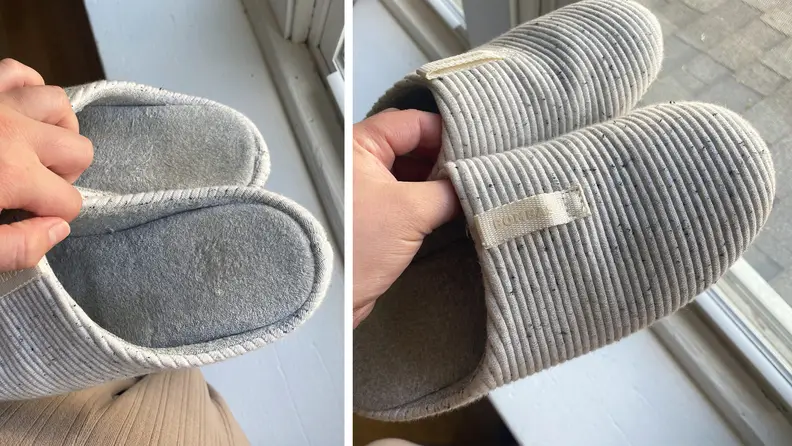 Two photos of the author showing how the fabric of a pair of gray slippers has aged with wear.