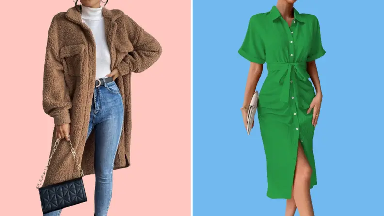 A model wearing a brown teddy coat, and a model wearing a green dress.