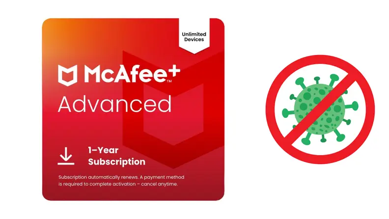 McAfee+ Advanced antivirus subscription card highlighting unlimited device coverage with a no-virus symbol.