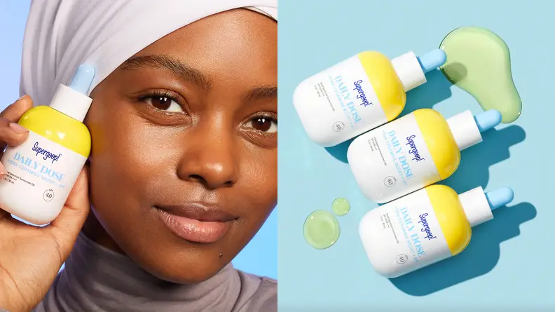 On the left: A person holding up a white and yellow bottle of oil to their face. On the right: Three round bottles of oil lay next to each other.