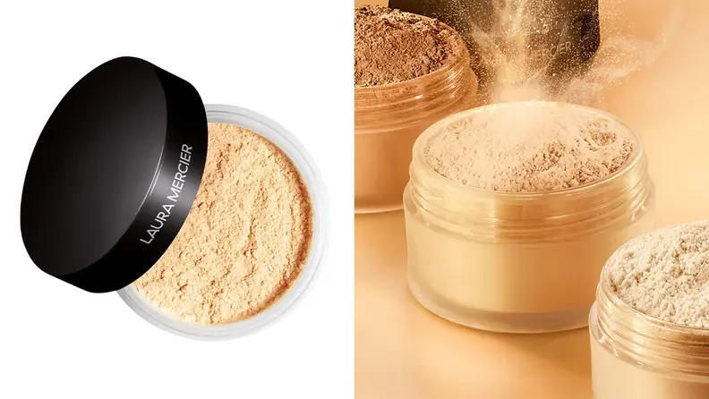 On left, cream colored setting powder from Laura Mercier. On right, three setting powders in different skin tones.