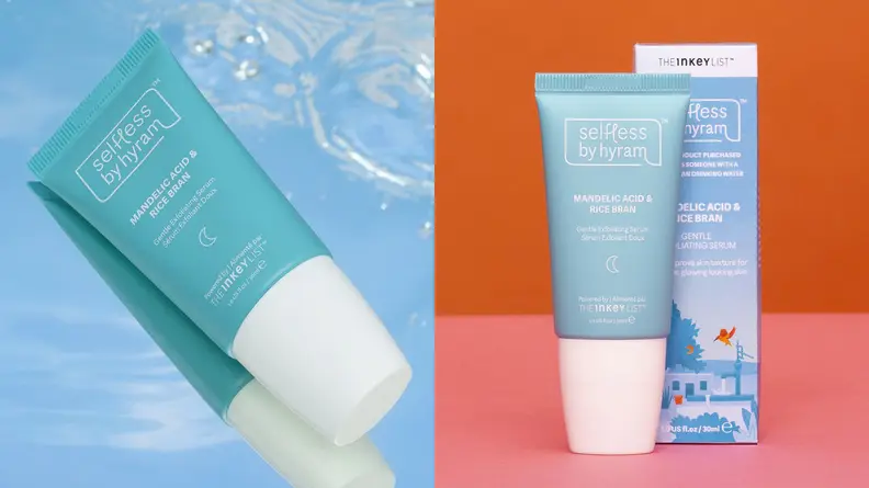 On the left: The Selfless by Hyram Mandelic Acid & Rice Bran Gentle Exfoliating Serum in a blue tube laying on a watery background. On the right: The same tub standing next to its box packaging on an orange background.