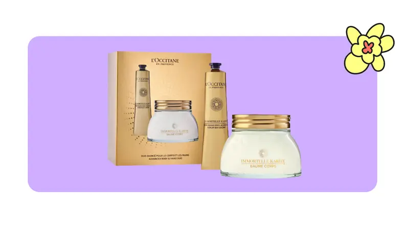 L'Occitane hand and body cream set on purple background