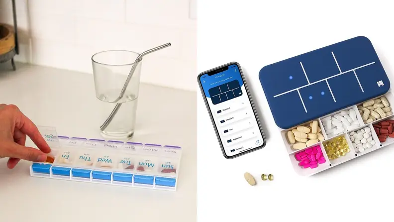 On left, person sitting at table organizing pillbox. On right, a smart pillbox.