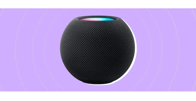 The Apple HomePod Mini on a purple background.