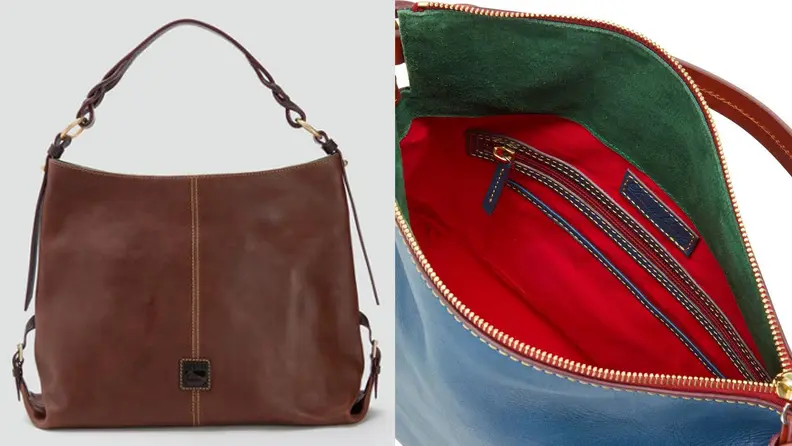 Left: Dooney & Bourke brown leather handbag on white background, Right: Red interior of Dooney & Bourke handbag.