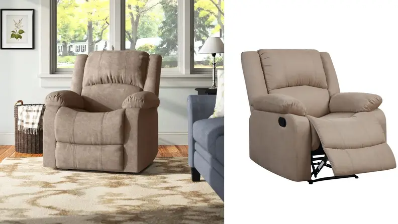 The Ebern Designs Sanie recliner in beige. It's a side-by-side image: one image shows the chair in a living room, the other shows it reclined on a white background