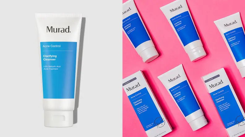 On the left: The blue and white Murad Acne Control Clarifying Cleanser bottle stands on a white background. On the right: Several Murad Acne Control Clarifying Cleansers lay on a hot pink background equally spaced out.
