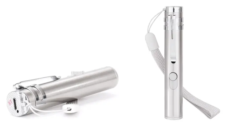 Two images of a silver laser pointer