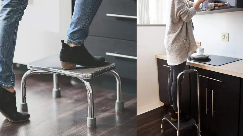 Two images of people using step ladders in kitchens.