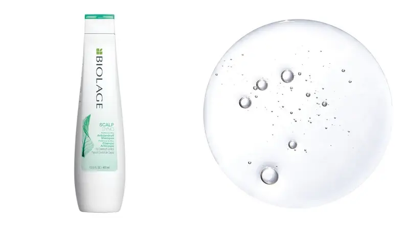 On the left: A white bottle of shampoo. On the right: A water-like droplet.