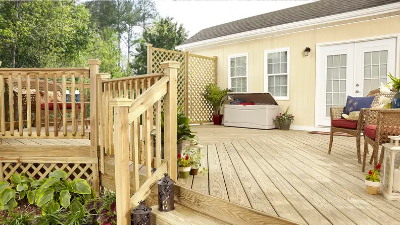 Close up of a house's backyard wood deck.