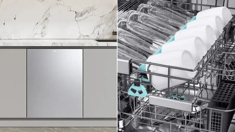 The Samsung DW90F89P0USR closed and open showing its top rack jets.