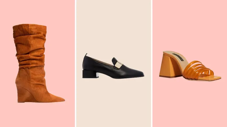 Collage image of a brown corduroy boot, a black loafer, and an orange mule.