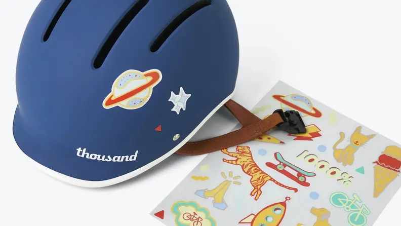 A blue helmet with stickers