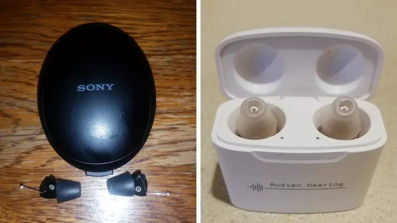 A side-by-side image of the Sony hearing aid and Audien Atom Pro cases sitting on a table