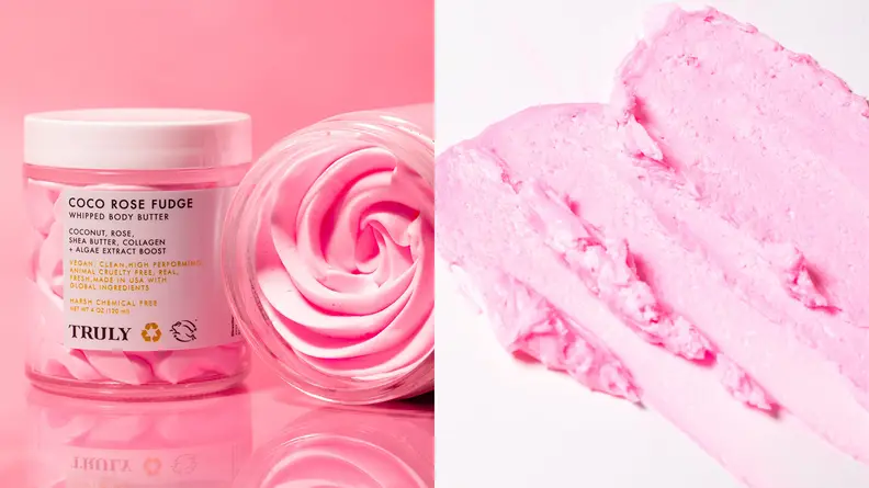 On the left: The jar of the Truly Beauty Coco Rose Fudge Whipped Body Butter sitting on a pink background with a pink rose next to it. On the right: The pink body butter smeared onto a white background.